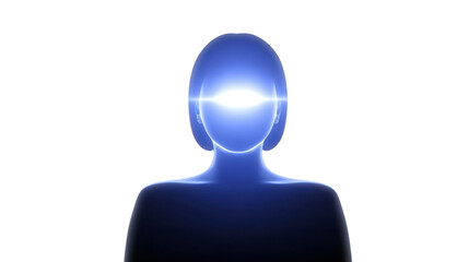 Glowing blue human figure with radiant light emanating from center of face, futuristic digital style, isolated on transparent background
