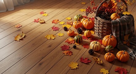 Autumnal Harvest Display with Pumpkins and Leaves.