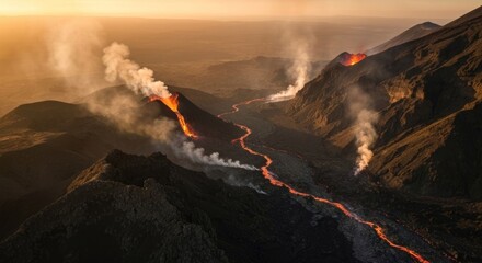 Obraz premium Volcanic landscape at sunset. Molten lava flows between volcanic peaks, with plumes of smoke rising into the golden light