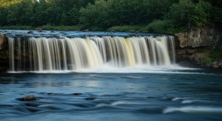 Obraz premium Waterfall cascading down rocky cliffs. Lush green forest borders the river