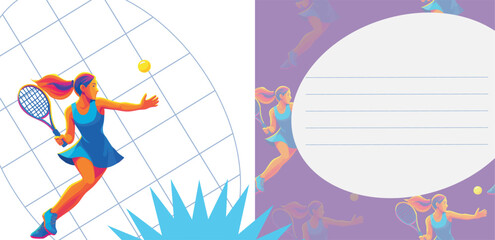 Sporty tennis template with dynamic background, female player in jump with racket, and free space for text. Perfect for posters, ads, tournaments, or presentations.