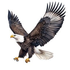 Fototapeta premium Bald eagle in flight with wings spread on a photo white background bird raptor