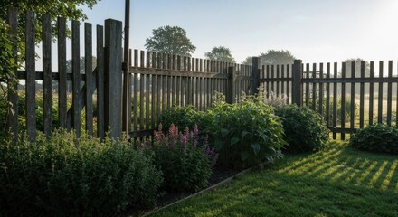 Wooden fence with garden plants in morning light