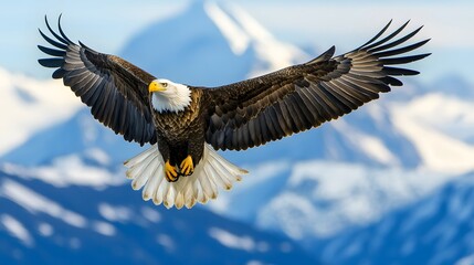 Obraz premium Bald eagle in flight with snow-capped mountains photo background bird flying