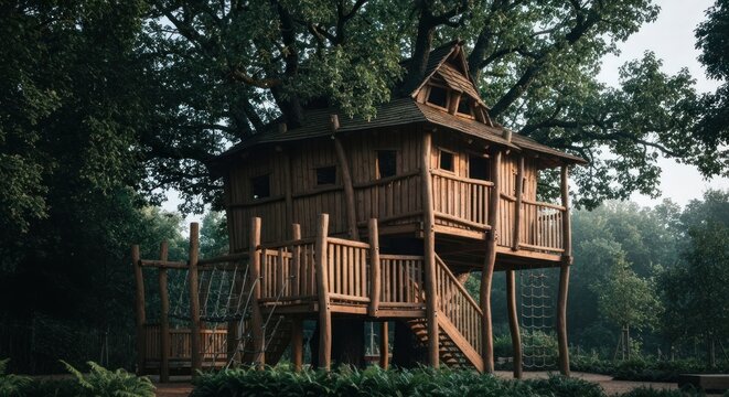 Wooden treehouse play structure nestled within a park setting