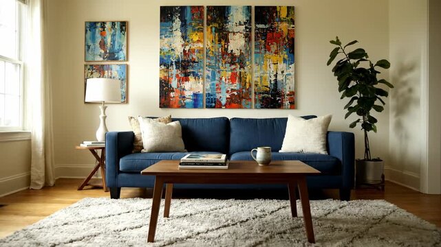 Cozy Living Room Interior with Abstract Art - A well-lit living room features a navy blue sofa, a textured rug, a coffee table with books and a mug, and a large abstract triptych above the sofa.
