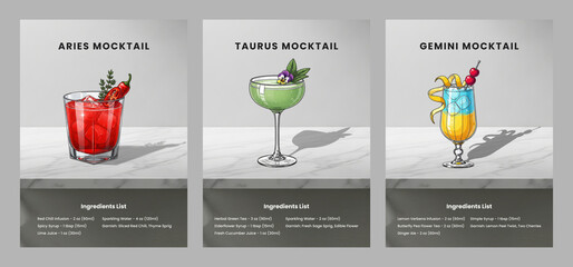 Modern Zodiac Mocktail Poster Set with Recipes - Aries, Taurus, and Gemini