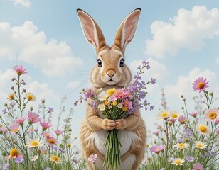 Fototapeta premium Adorable bunny rabbit holding a bouquet of wildflowers in a field
