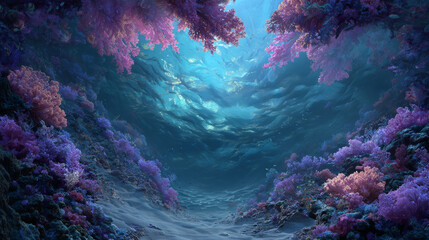 Surreal underwater heart shape glowing in deep ocean dreamscape with ethereal light