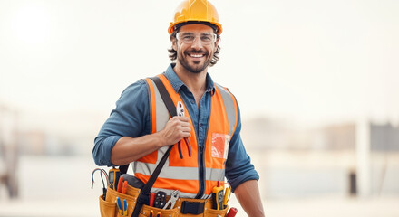 Smiling construction worker with tool belt and hard hat. Construction worker poses with tools ready for construction work, looking towards future projects.