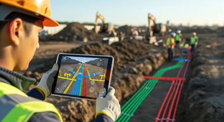 Construction worker using tablet to visualize underground utilities in industrial setting