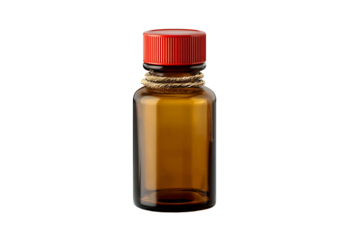 Amber glass essential oil bottle (10ml size) with liquid filled; for mockup purpose (transparent background).  
