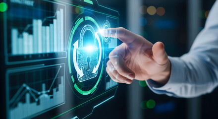 Cybersecurity Touch: A close-up shot of a finger touching a glowing digital interface featuring a lock icon, symbolizing data protection in the digital age.