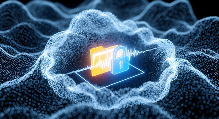 Secure Data: Visual representation of secure data, a glowing padlock superimposed over a file folder.