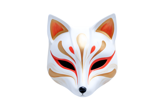 artistic white fox mask with striking details isolated on white background