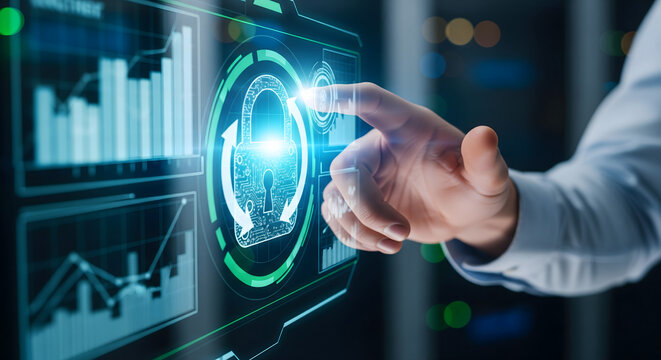 Cybersecurity Touch: A close-up shot of a finger touching a glowing digital interface featuring a lock icon, symbolizing data protection in the digital age.