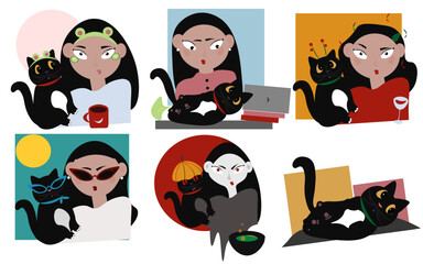 Vector Illustration Of A Set Of Women And Funny Black Cat