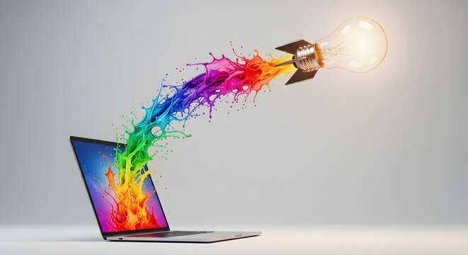 Creative Launch: A laptop serves as the launchpad for a rocket-powered lightbulb, spewing a vibrant explosion of colors, symbolizing the power of creative ideas taking flight.