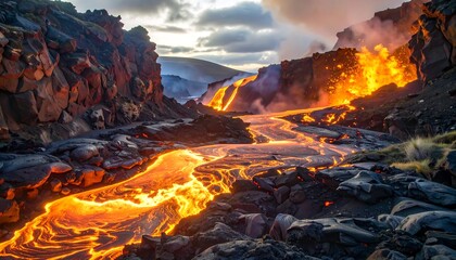 Obraz premium Flowing lava river snaking through volcanic terrain, dark rocks, smoke and distant hills under cloudy sky