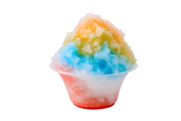 Delicious colorful shaved ice treat in a cup isolated on white background