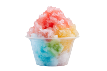Colorful shaved ice dessert in plastic cup  isolated on white background