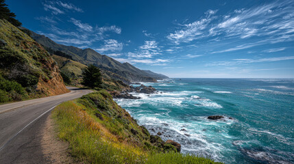Tranquil coastal seascape with scenic ocean drive along rocky shoreline at sunset