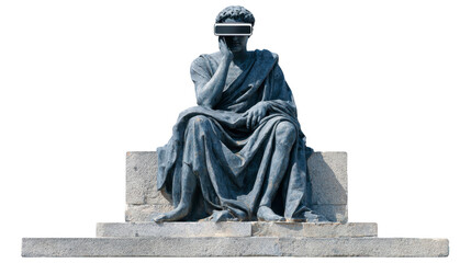 Ancient statue stone sculpture sitting figure futuristic visor thoughtful pose isolated gray classical art technology fusion creative concept. Ancient statue with futuristic visor thoughtful pose