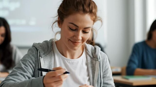 Thoughtful Student in Continuing Education Class - A young woman sits in a classroom, thoughtfully contemplating notes while holding a pen.