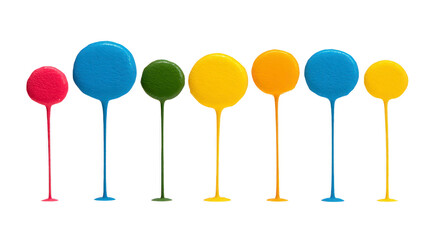 Colorful paint drops blue yellow green red round shapes creative isolated on white playful artistic abstract vibrant cheerful modern art