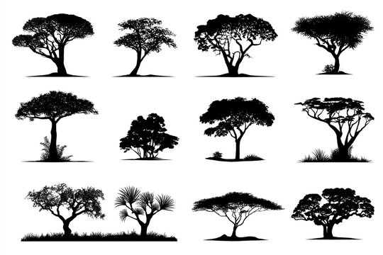 Twelve diverse tree silhouettes a collection of black tree designs on white background for design projects