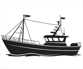 Silhouette of fishing trawler boat sailing on sea waves vector illustration, marine vessel with nets and masts, black outline design representing nautical transport, ocean industry, maritime graphic c