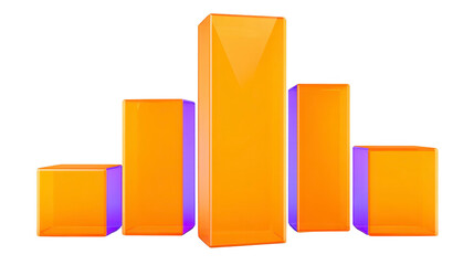 Orange and purple 3D bar chart with five glossy rectangular columns, modern geometric design, isolated on transparency background, representing data analysis and business growth
