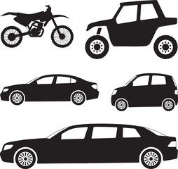 Silhouette collection of motorcycle, ATV, and various car models for design and illustration purposes.