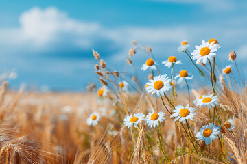 Daisies in a golden wheat field under a blue sky