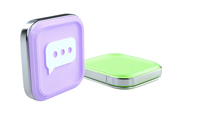 3d icon chat bubble speech symbol pastel color purple green square button metallic edge modern digital communication isolated minimal glossy user interface technology app social media web message