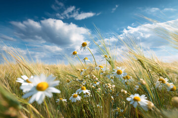Daisies swaying gently in a golden wheat field under a bright blue sky with fluffy white clouds a summer scene