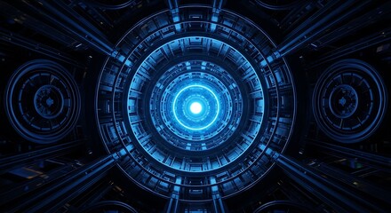 Abstract Futuristic Neon Blue Energy Core Tunnel Gateway Motion Background Loop