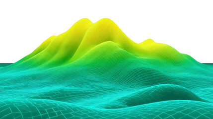 Abstract 3D landscape with glowing yellow and green wireframe mesh, digital terrain, futuristic mountain, and smooth gradient, evoking calm and modern atmosphere