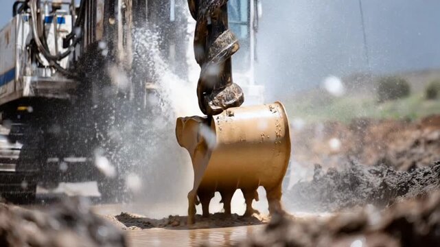 A close-up of a drilling rig's auger penetrating the earth, displacing soil and rock at an artesian well site with muddy water pooling nearby.
