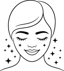Beautiful woman face line art illustration, skincare beauty concept, feminine portrait with closed eyes, clean skin, wellness, spa, cosmetic design.