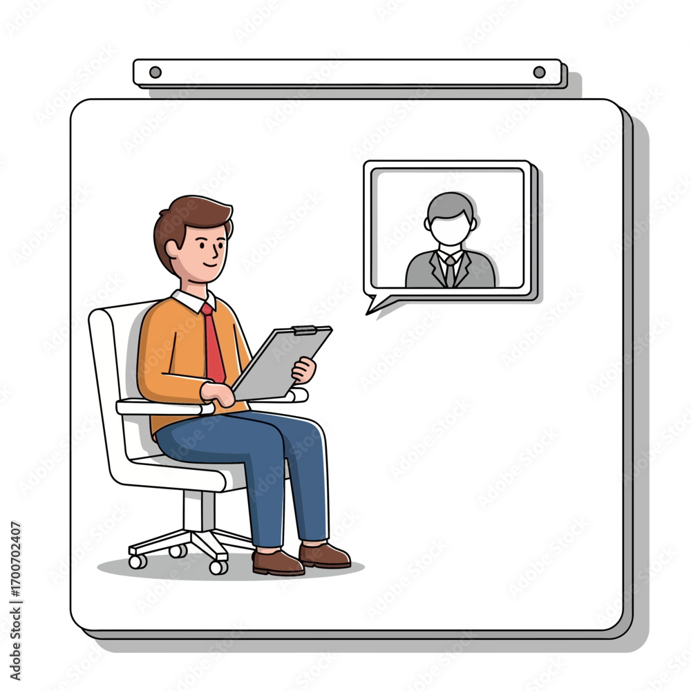Poster man on video call with another person on a tablet.