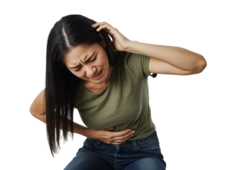 Distressed young woman experiencing severe headache and stomach discomfort on transparent setting