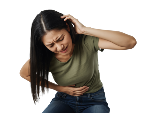 Distressed young woman experiencing severe headache and stomach discomfort on transparent setting