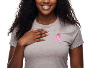 Smiling woman showing her support for breast cancer awareness on transparent field