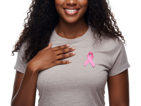 Smiling woman showing her support for breast cancer awareness on transparent field