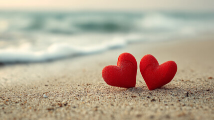 Two red hearts on sandy beach with ocean waves in background
