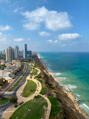 Coastal view of Netanya Israel with promenade and Mediterranean Sea
