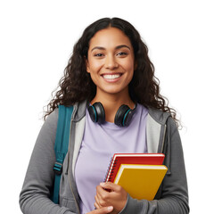 Smiling student portrait showcasing academic enthusiasm and backpack with transparent aura