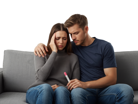 Distraught couple with an isolated transparent background grappling with unexpected pregnancy test - Powered by Adobe
