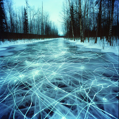 Frozen Forest Path with Glowing Energy Light Trails